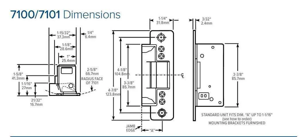 Adams Rite - 7100 - Electric Strike for Adams Rite & Cylindrical Locks -  Anodized Aluminum - Fail Secure - 1-1/4" x 4-7/8" Flat Radius Plate - 24VAC