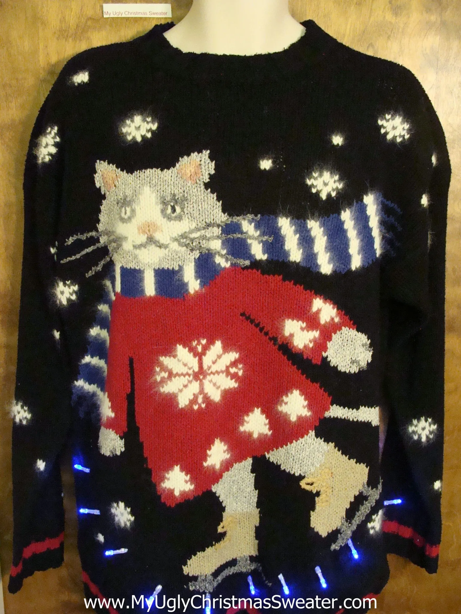 BEST Skating Cat Tacky Xmas Sweater with Lights