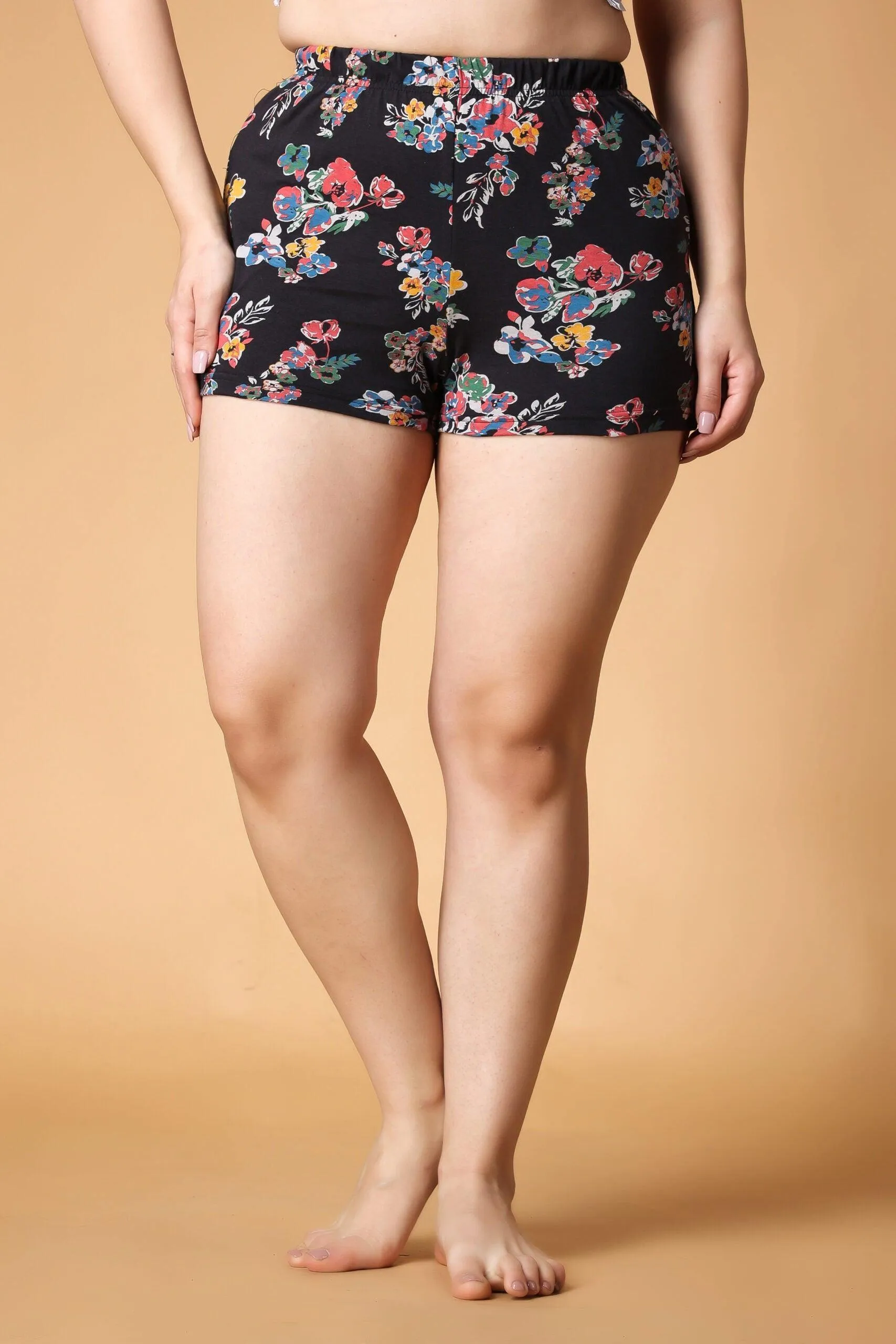 Black Floral Printed Fitted Shorts