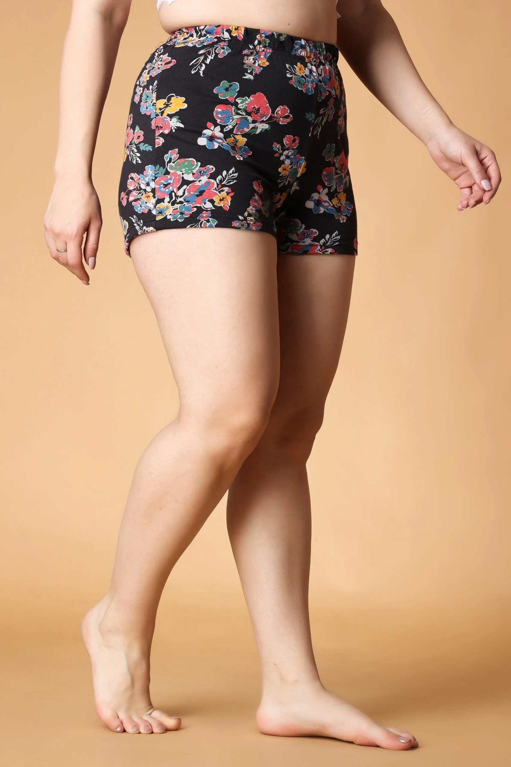 Black Floral Printed Fitted Shorts