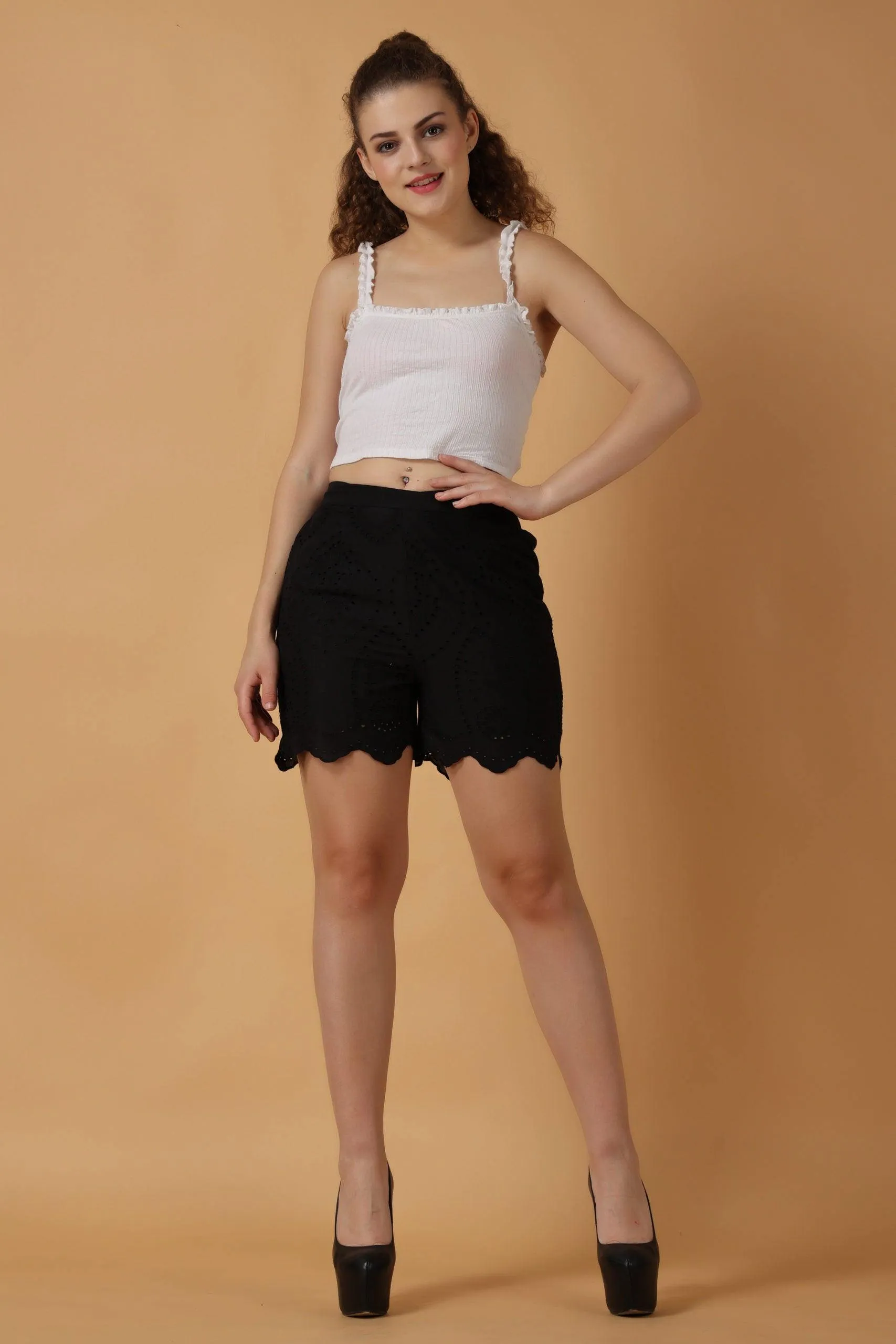 Black Solid Cutwork Shorts