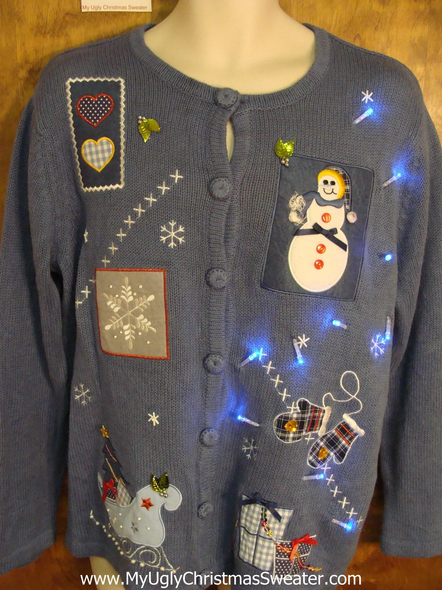 Blue Cardigan Cute Christmas Sweater with Lights