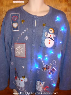 Blue Cardigan Cute Christmas Sweater with Lights