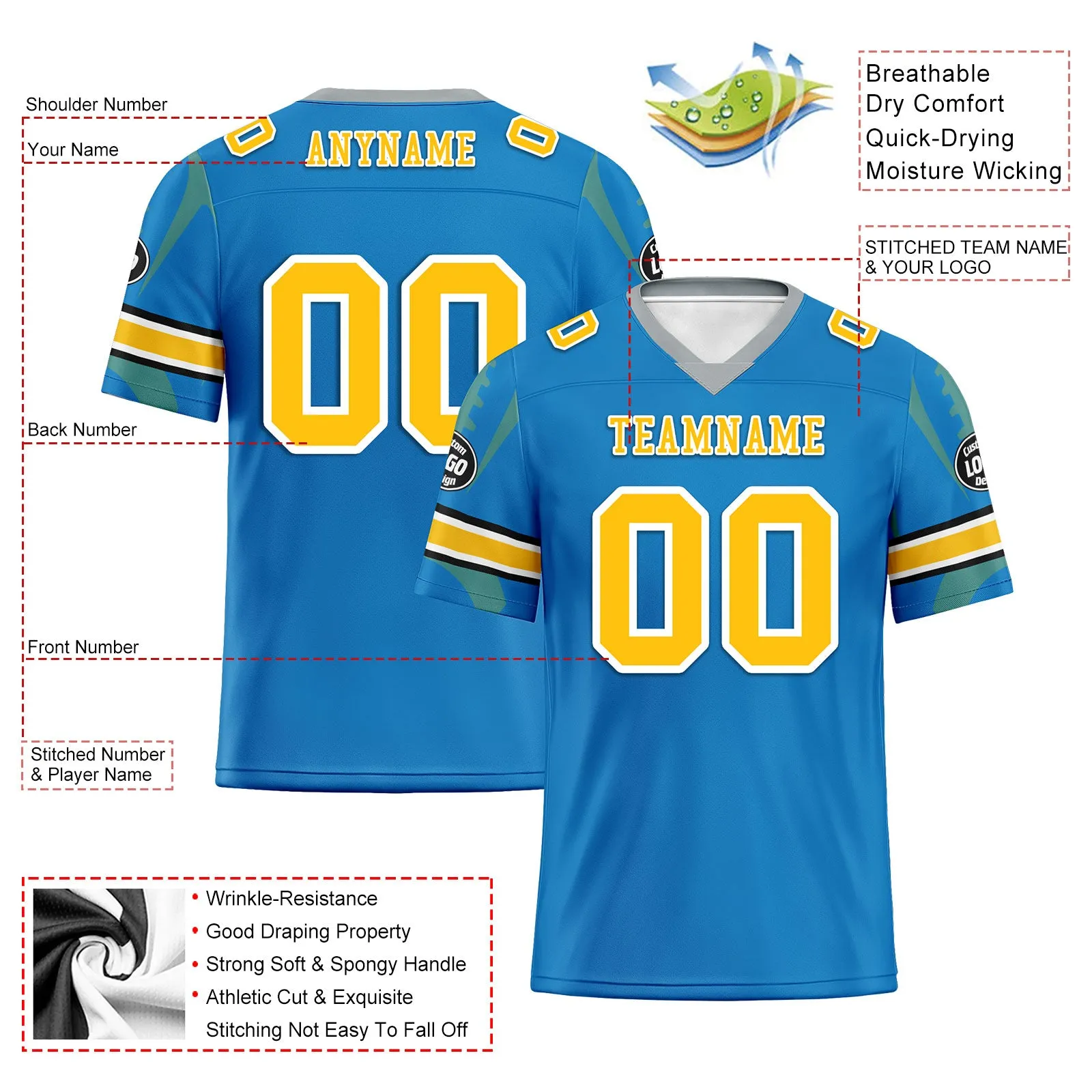 Custom Blue Los Angeles Personalized Authentic Football Jersey FBJ02-D025033-24