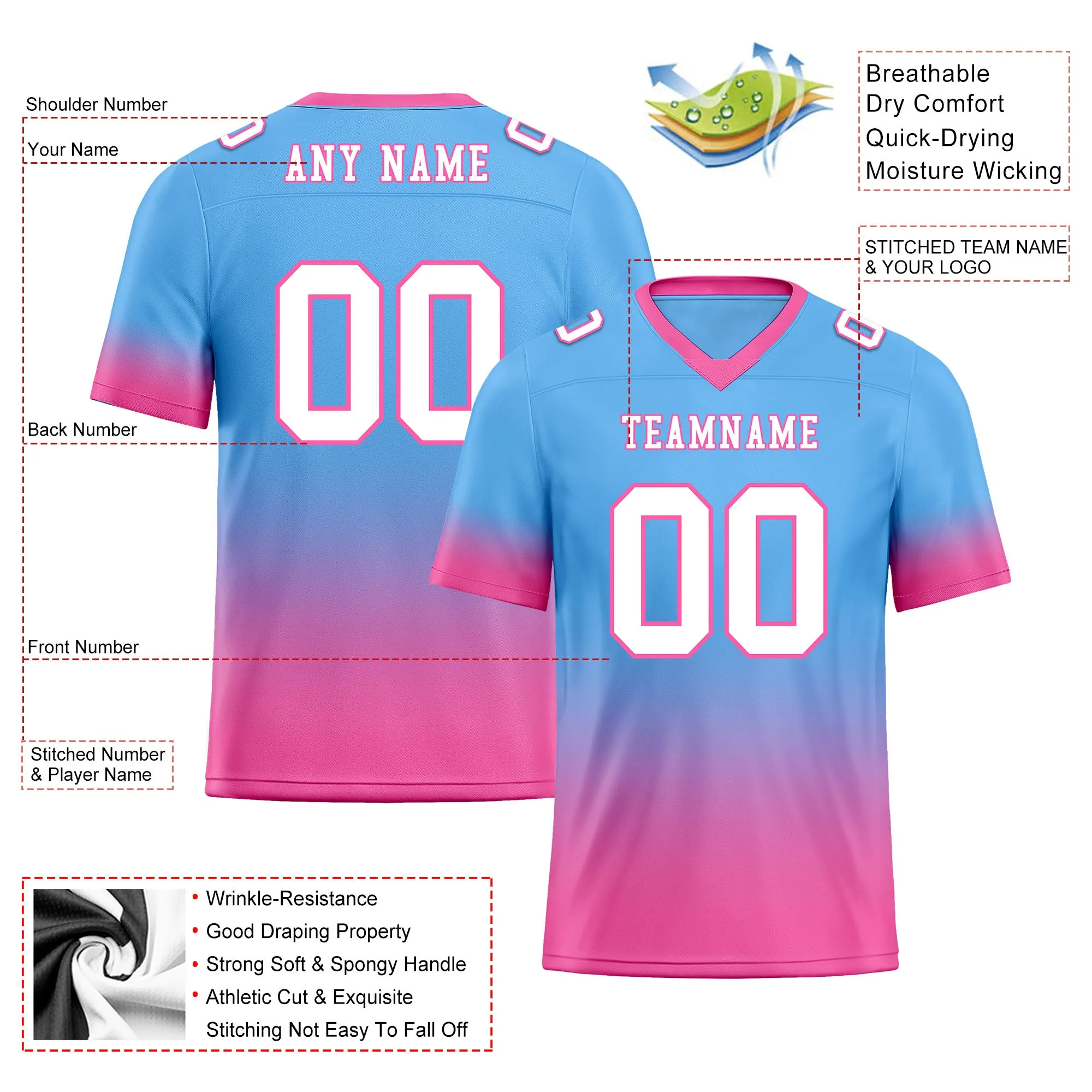 Custom Blue Pink Fade Fashion Personalized Authentic Football Jersey FBJ02-D06104