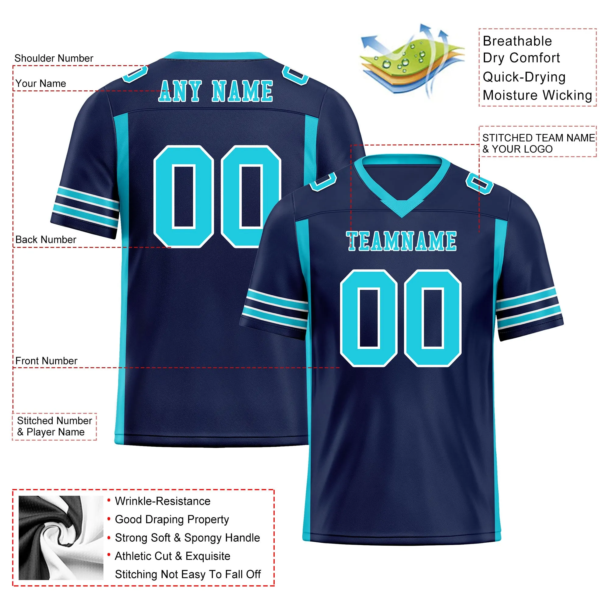 Custom Navy Blue Turquoise Striped Sleeves Personalized Authentic Football Jersey FBJ02-D06079