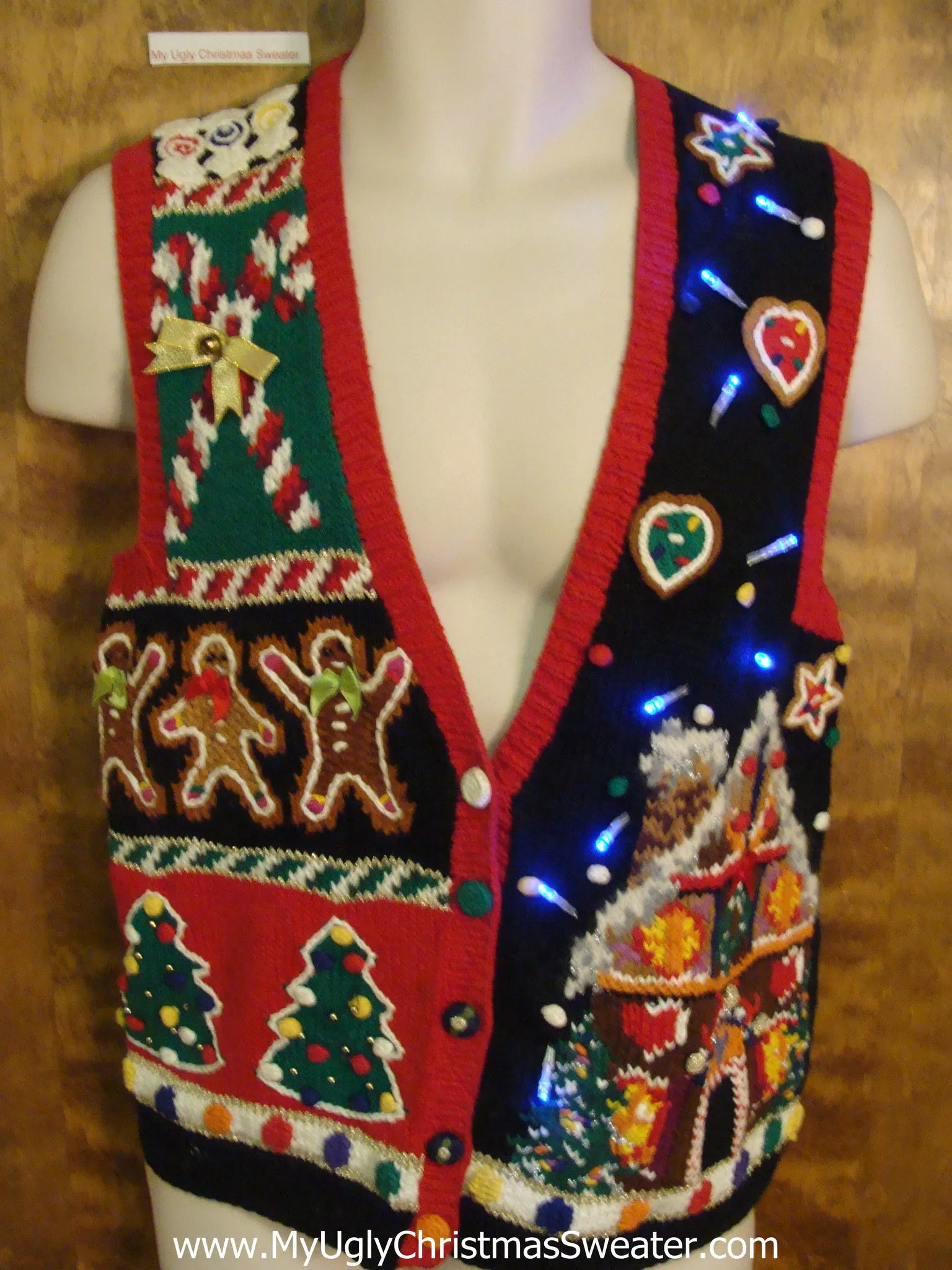 Gingerbread Men 80s Cute Christmas Sweater Vest with Lights