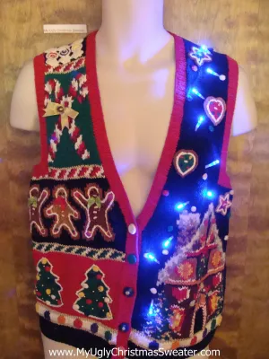 Gingerbread Men 80s Cute Christmas Sweater Vest with Lights