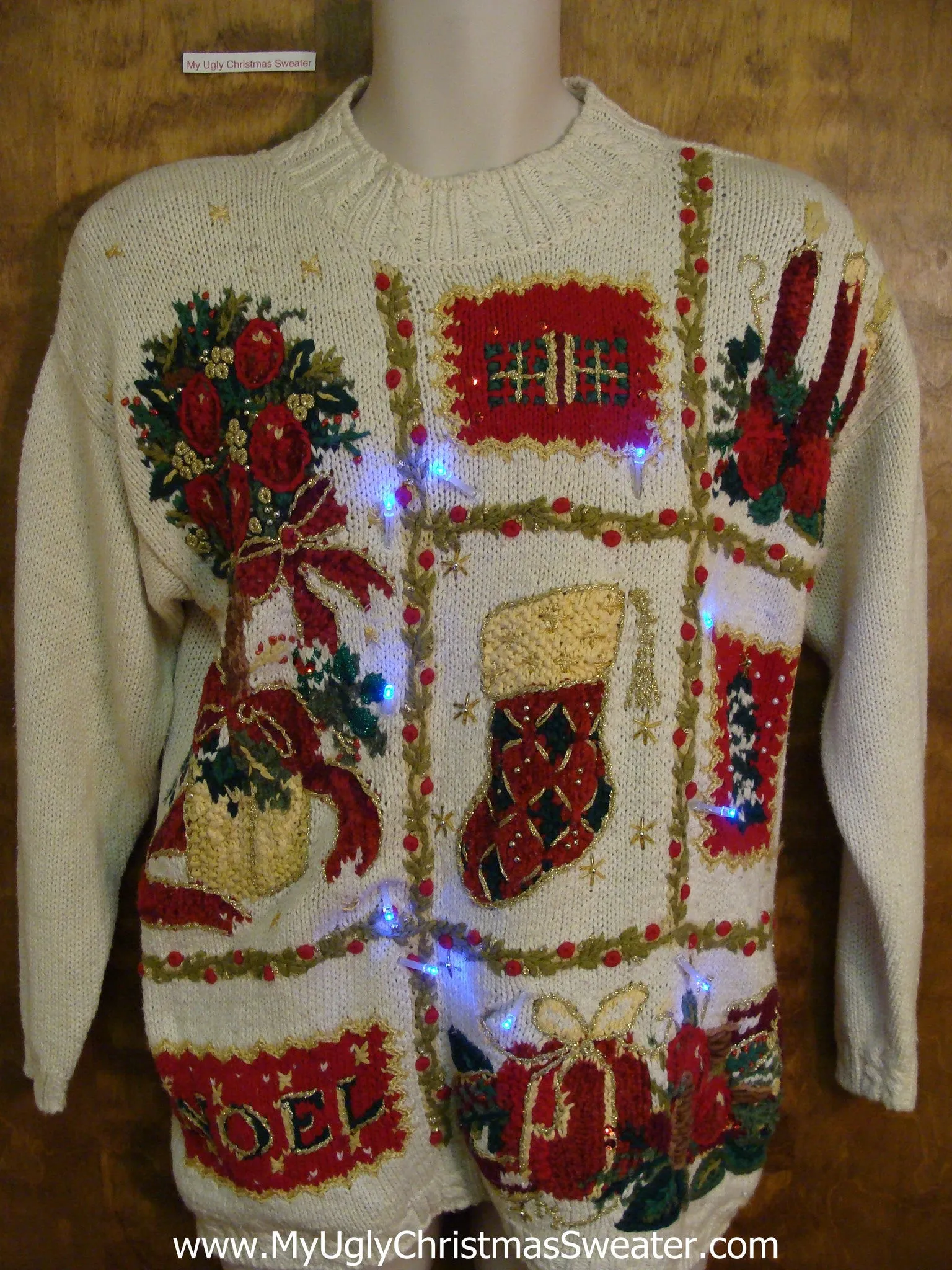 Grid of 80s Style Decorations Light Up Ugly Xmas Sweater