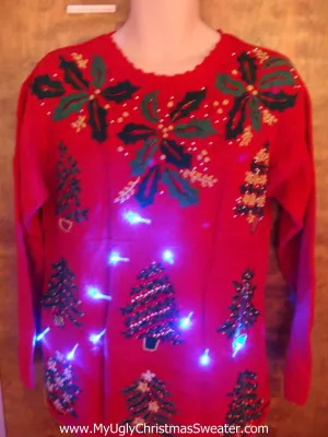 Horrible 80s Poinsettias and Trees Light Up Ugly Xmas Sweater