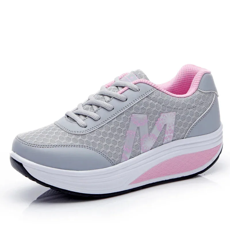 Mesh Fashionable Round Toe Rocking Shoes Casual Women Comfortable and Breathable Thick Sole Sloping Heel Outdoor Sports Shoes