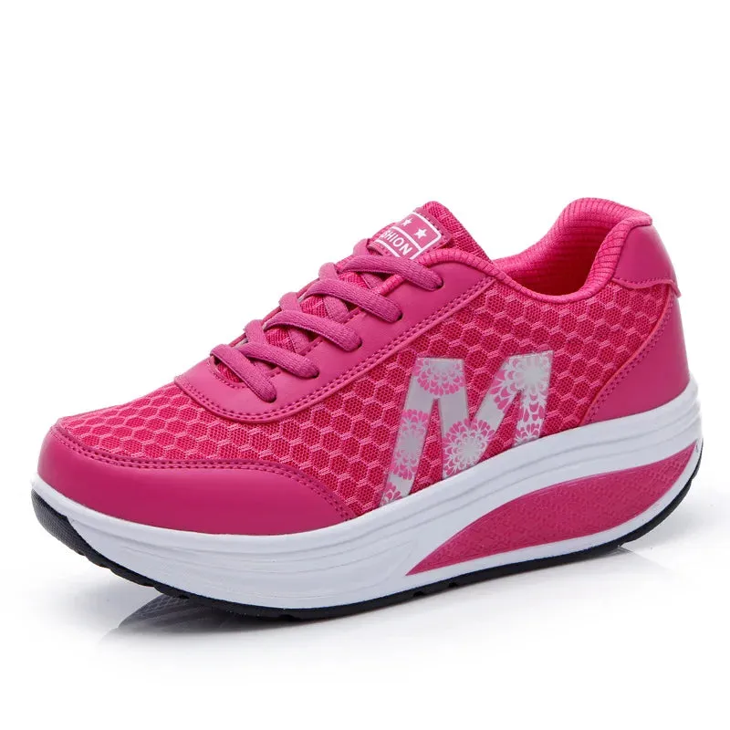 Mesh Fashionable Round Toe Rocking Shoes Casual Women Comfortable and Breathable Thick Sole Sloping Heel Outdoor Sports Shoes