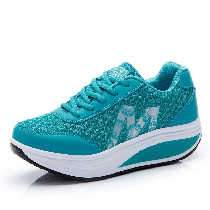 Mesh Fashionable Round Toe Rocking Shoes Casual Women Comfortable and Breathable Thick Sole Sloping Heel Outdoor Sports Shoes