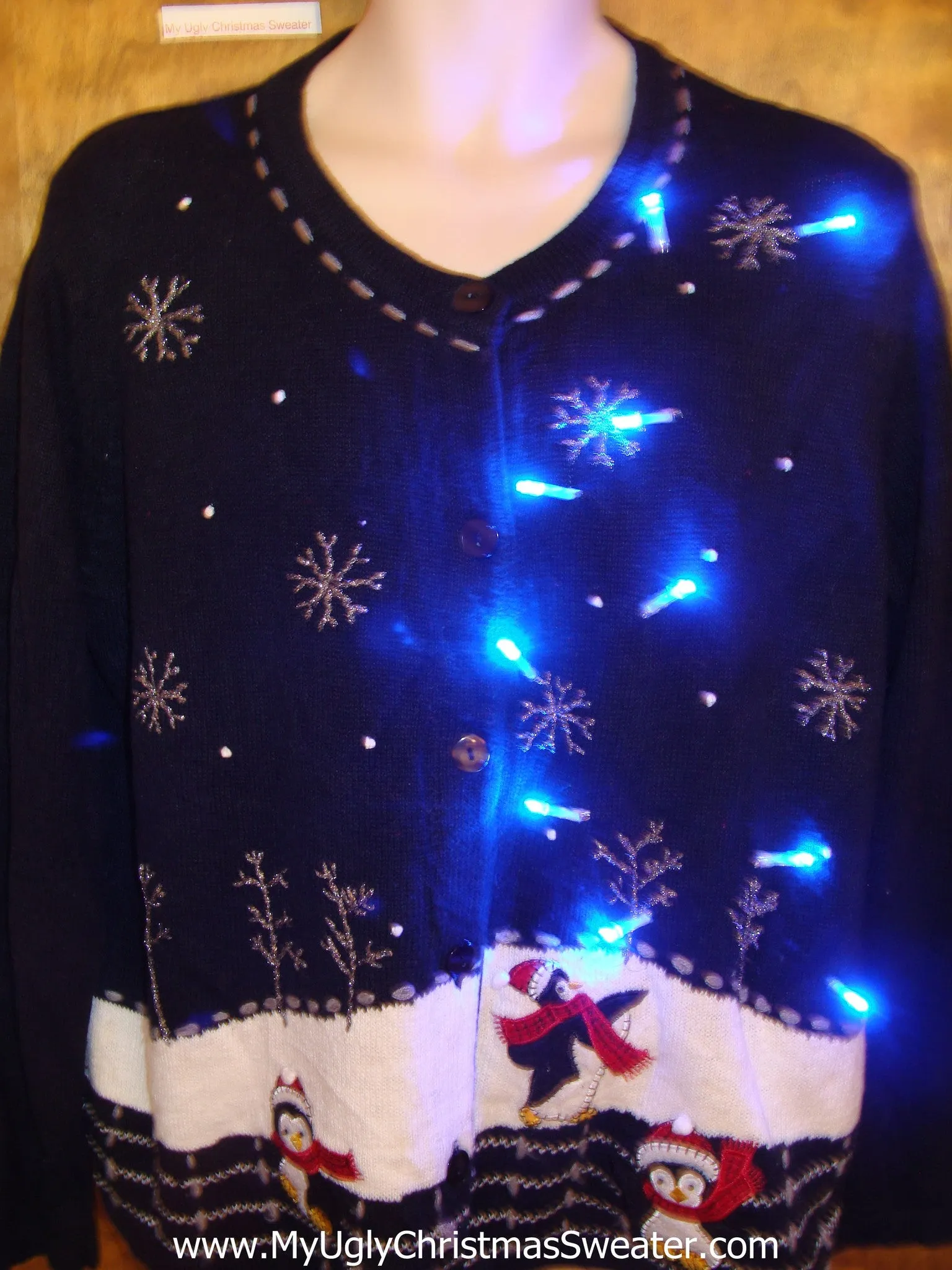 Penguin Snow Party Tacky Xmas Sweater with Lights