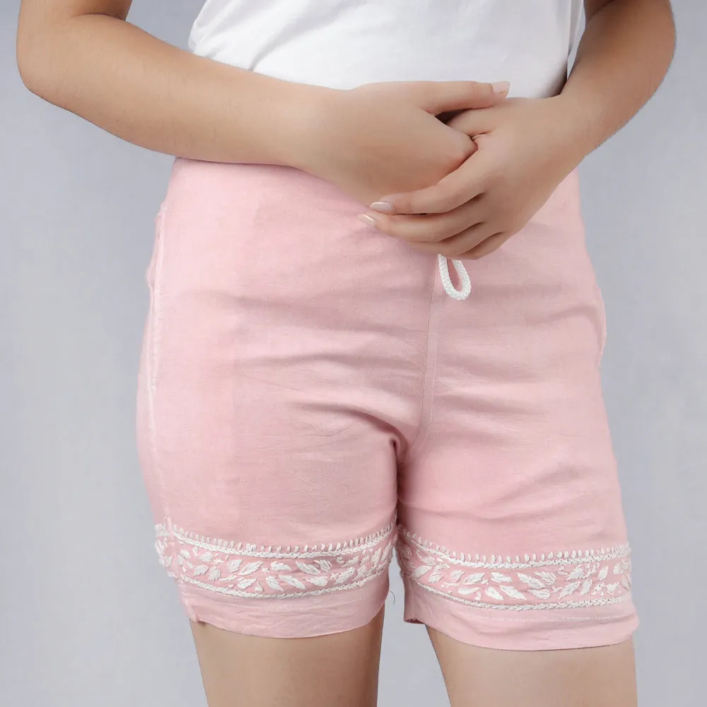 Pink - Chikankari Embroidery Cotton Short