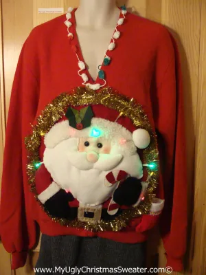 Tacky 3D Ugly Christmas Sweater Mens Puffy Santa with Lights  (A39)