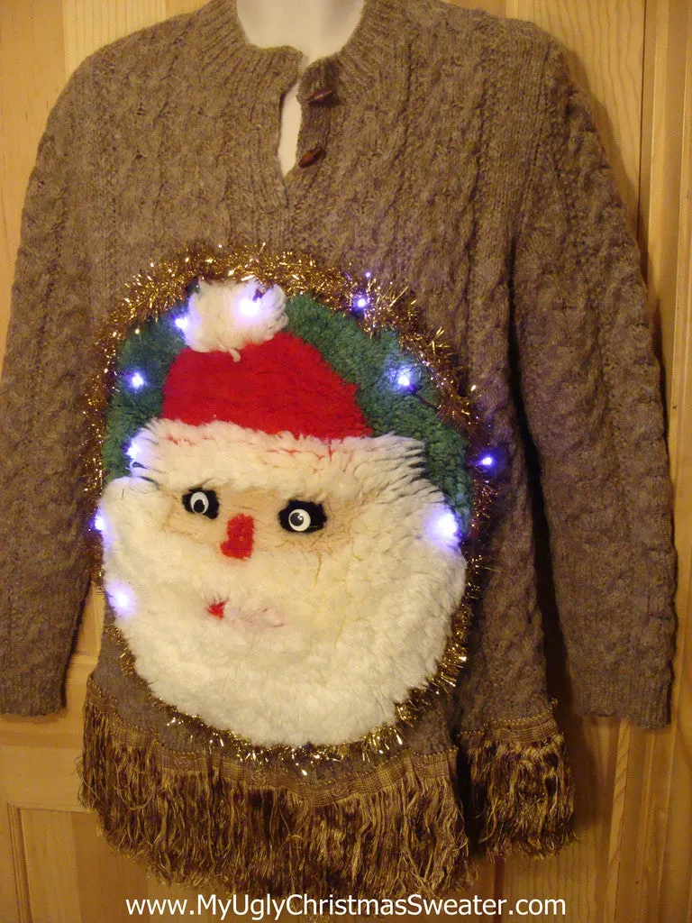 Tacky 3D Ugly Christmas Sweater Puffy Santa with Lights and Fringe (A13)